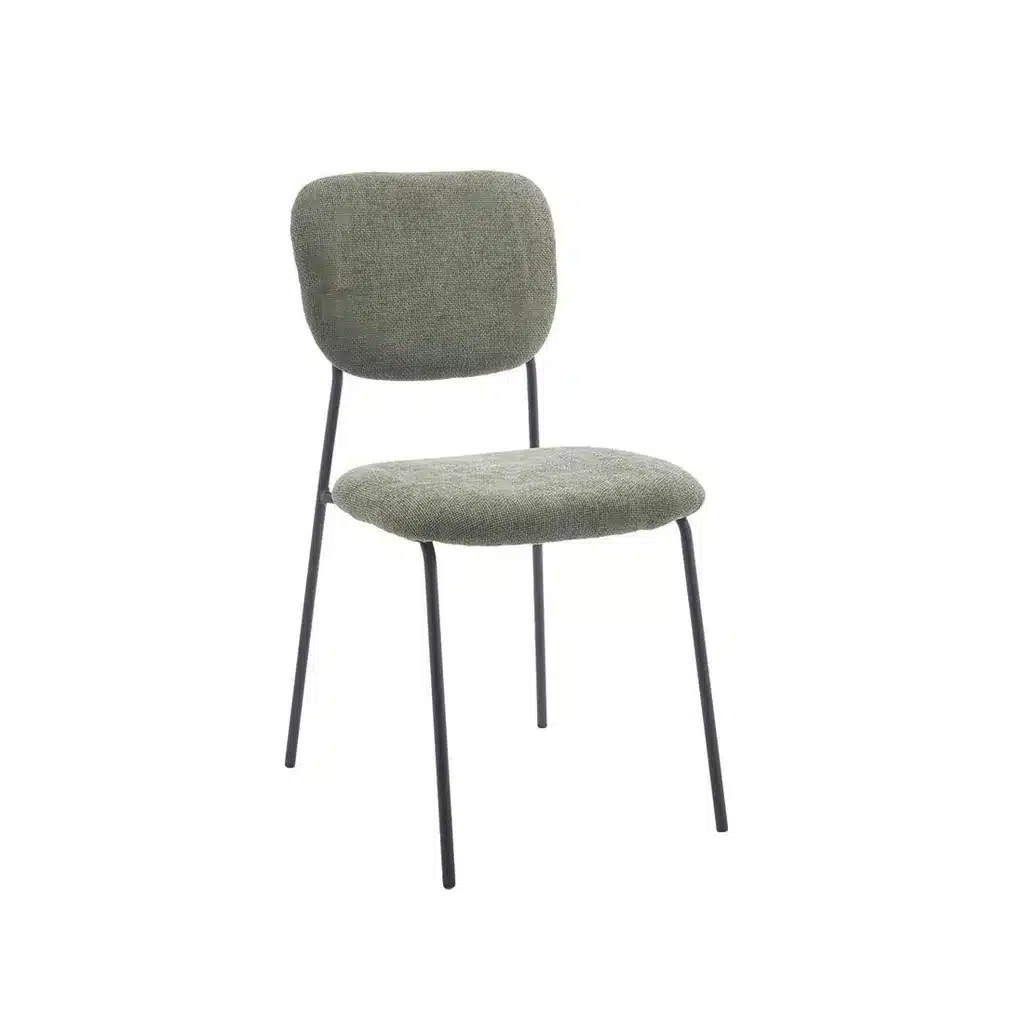 Sillas de tela comedor verde con patas de metal negro, ideal para ambientes frescos