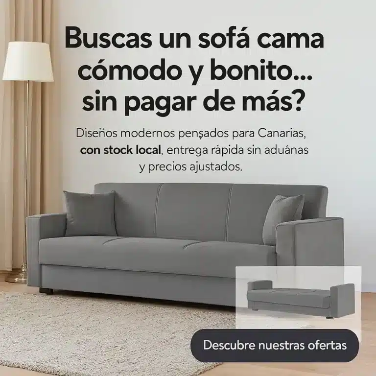 Sofá cama gris en salón moderno con miniatura del sofá abierto. Oferta exclusiva con entrega rápida en Canarias