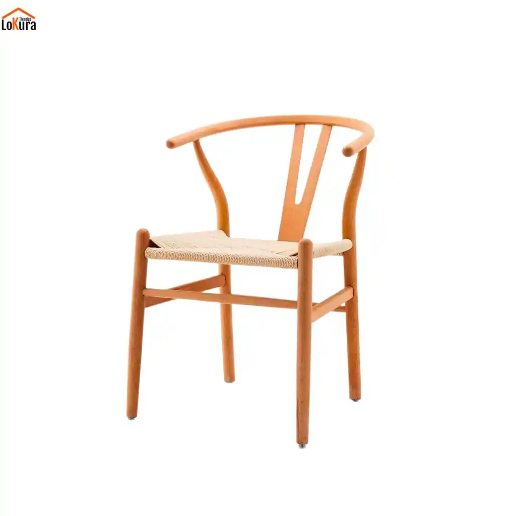 Silla madera respaldo curvo y asiento trenzado en cuerda natural