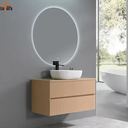 mueble lavabo 1 metro color haya con espejo LED y diseño suspendido para baño moderno en Canarias