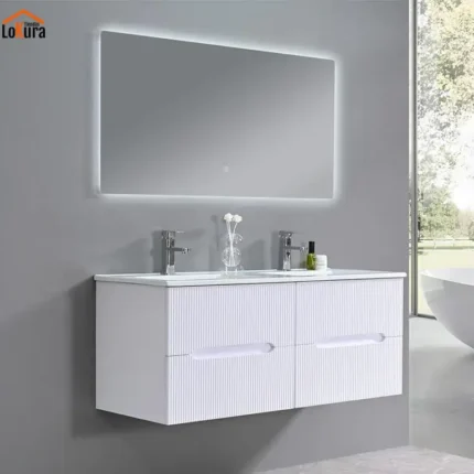 Mueble lavabo suspendido blanco 120 cm con doble lavabo y espejo LED – entrega rápida desde Canarias