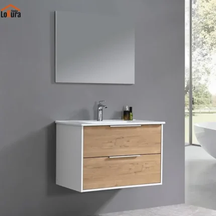 Mueble para baño con espejo y luz de 80 cm en haya y blanco con LED