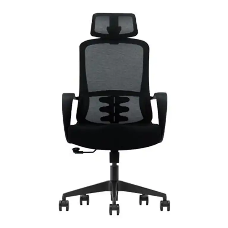 silla de oficina Serie 100 Nodofix negra vista frontal con reposacabezas regulable