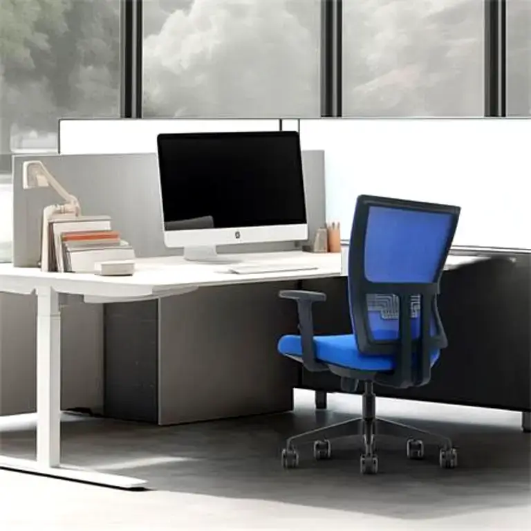Silla de oficina Serie 250 Nodofix azul en escritorio moderno para oficina y teletrabajo