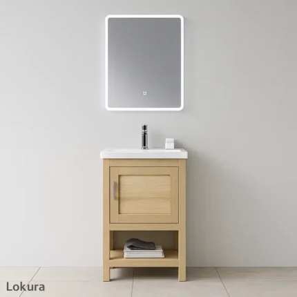 mueble baño Fénix 52cm pino con lavabo cerámico y diseño compacto para baños pequeños
