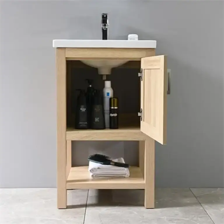 mueble baño Fénix 52cm pino interior con puerta abierta y espacio de almacenaje