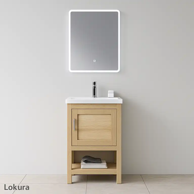 mueble baño Fénix 52cm pino con lavabo cerámico y diseño compacto para baños pequeños