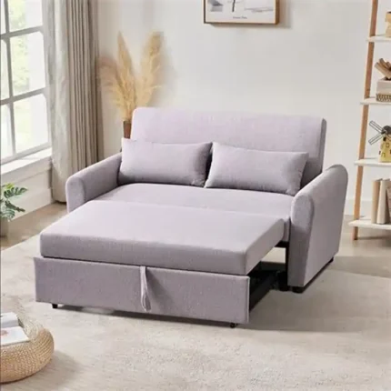 sofá cama de 2 plazas MOMI abierto en color gris, preparado para dormir