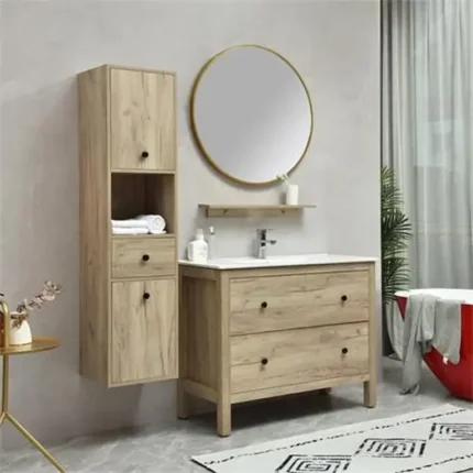 Conjunto de baño color roble 100 cm con columna, lavabo cerámico y espejo redondo