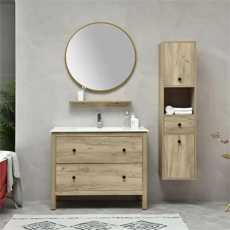 Conjunto de baño color roble 100 cm Serie Lirio Benotti con columna colgada, lavabo cerámico y espejo redondo