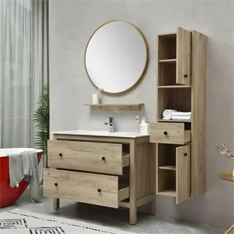 Conjunto de baño con patas color roble 100 cm y columna colgada Serie Lirio Benotti, vista con cajones abiertos