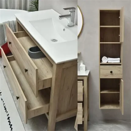 Detalle de almacenaje: interior de cajones y distribución de la columna colgada del conjunto de baño color roble Serie Lirio
