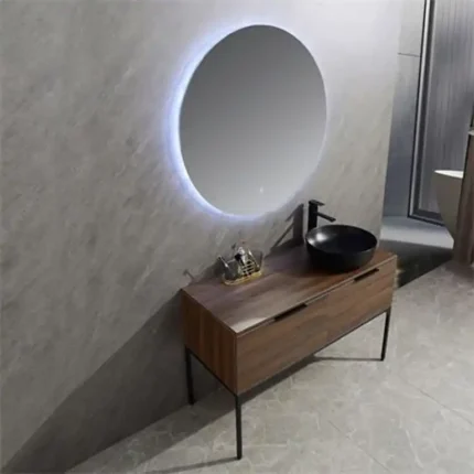 Mueble de baño industrial wengué 120 cm con patas negras, espejo LED y lavabo redondo en vista