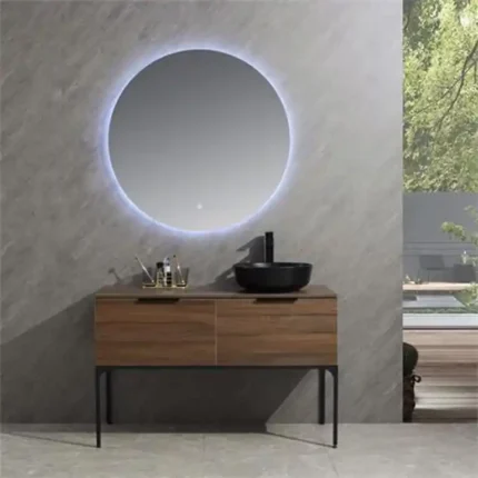 Conjunto de baño industrial 120 cm wengué Serie Caléndula Benotti con espejo LED y lavabo redondo
