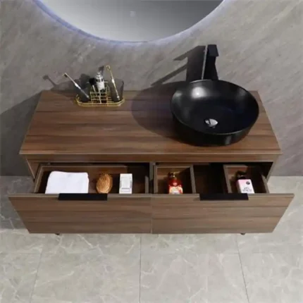 Cajones del mueble de baño industrial wengué Serie Caléndula Benotti con almacenaje interior