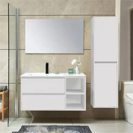 Conjunto mueble baño suspendido con lavabo y columna de 90 cm en color blanco