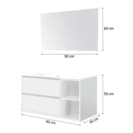 Medidas del conjunto mueble baño suspendido con lavabo y columna 90 cm