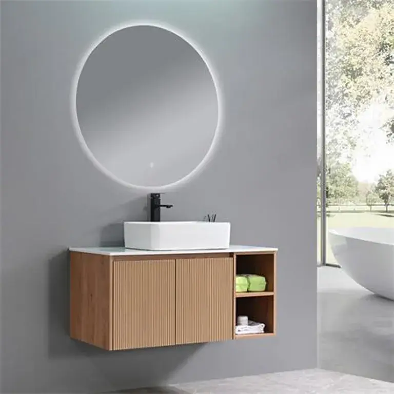 Mueble de baño suspendido 100 cm en madera natural con lavabo tipo bol y espejo redondo LED