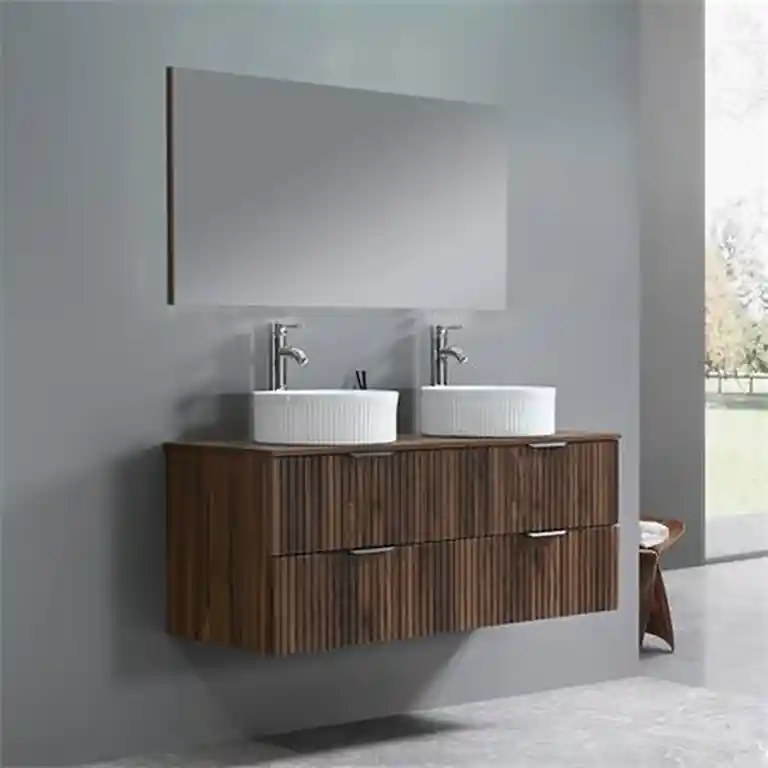 Mueble baño 120 doble seno suspendido Serie Karen en nogal con lavabo y espejo