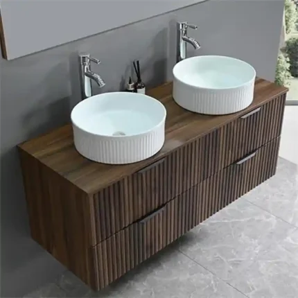 Detalle de cajones con cierre progresivo en mueble baño 120 doble seno nogal