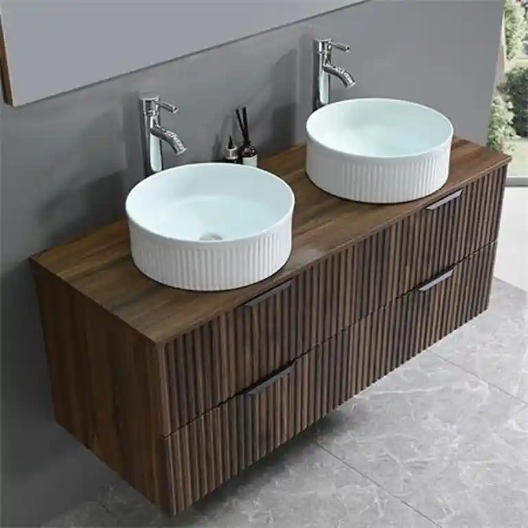 Detalle de cajones con cierre progresivo en mueble baño 120 doble seno nogal