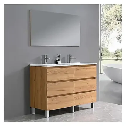 Vista ambiente del mueble de baño con patas 120 cm roble nodi Norah Benotti con espejo y lavabo doble