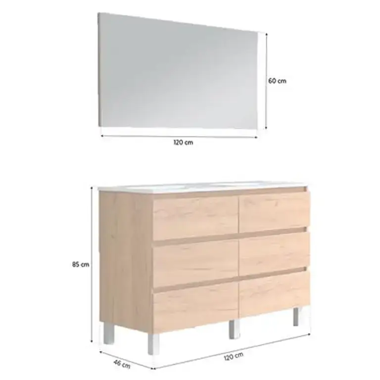 Medidas del conjunto Norah: mueble de baño 120x46x85 cm y espejo 120x60 cm