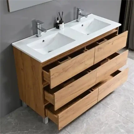 Mueble de baño roble nodi Norah 120 cm con lavabo doble, cajones abiertos y organizadores interiores