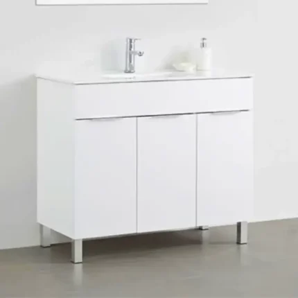 Mueble de baño con patas blanco 100 cm con lavabo cerámico y tres puertas Serie Minerva