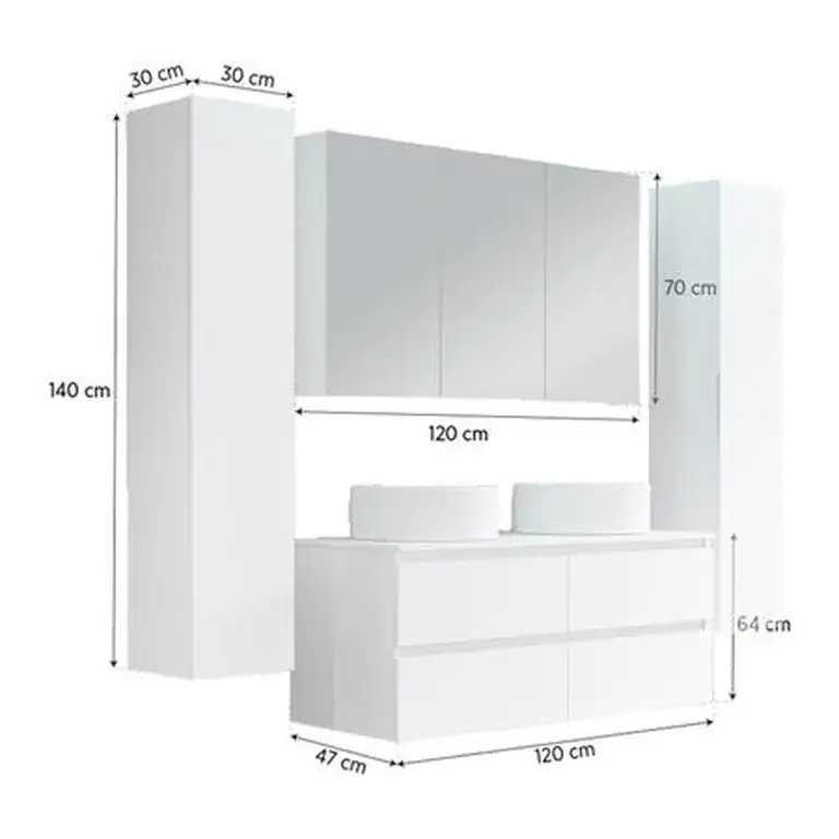 Medidas del mueble de baño suspendido 120 cm con doble lavabo y columnas modelo Linda