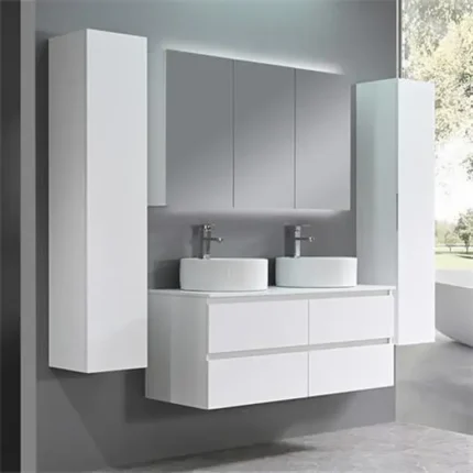 Mueble de baño suspendido 120 cm con doble lavabo y 2 columnas auxiliares en color blanco