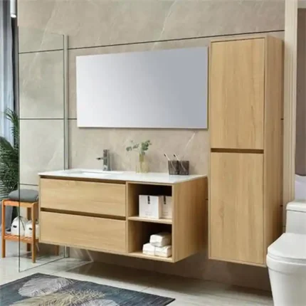 Conjunto de baño suspendido 100 cm con columna Retama en color haya
