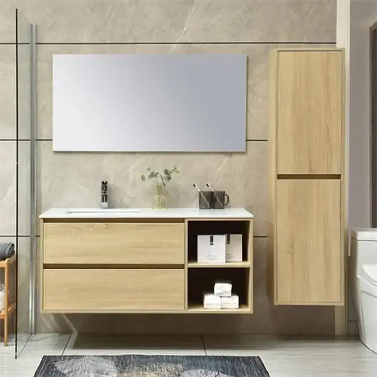 Mueble de baño suspendido 100 cm Retama Benotti color haya con espejo y columna auxiliar