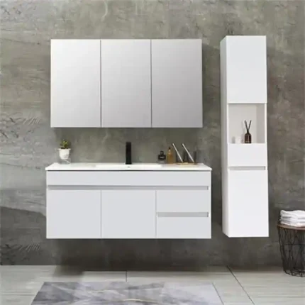 Mueble baño suspendido 120 cm con columna auxiliar y espejo con almacenaje