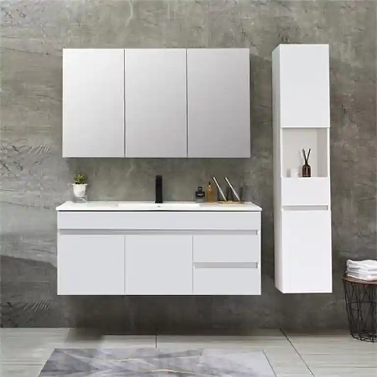 Mueble baño suspendido 120 cm con columna auxiliar y espejo con almacenaje