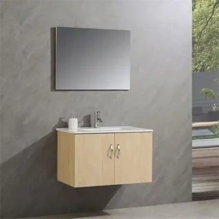 Mueble baño suspendido 60 cm con lavabo y espejo en acabado madera haya