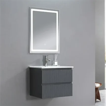 Mueble baño suspendido 80 cm con espejo LED táctil Brisa en gris, vista frontal con lavabo