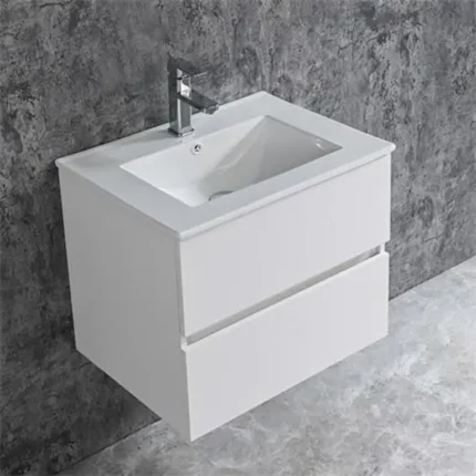 Vista frontal del mueble de baño suspendido Cala en color blanco brillo