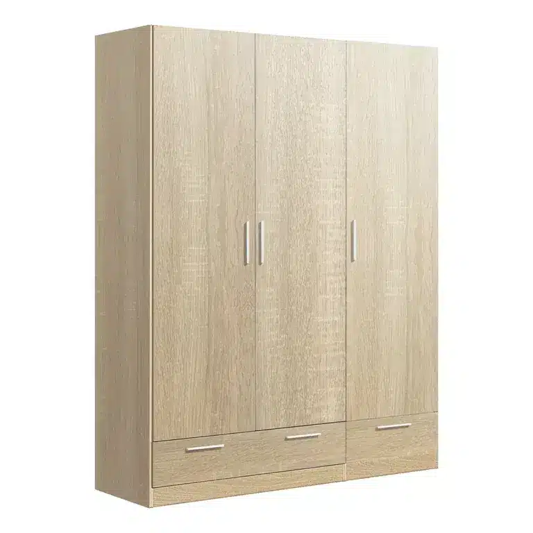 Armario 3 puertas 152 cm 2 cajones acabado cambria, melamina, fondo 51 cm y diseño para dormitorio