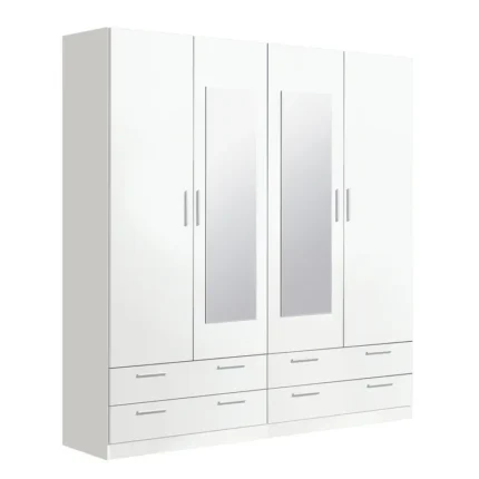 Armario 4 puertas con espejo y 4 cajones blanco 220x202x51 cm con 2 lunas y tiradores de aluminio
