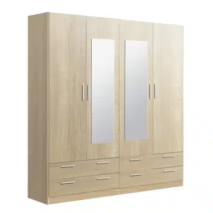 Armario 4 puertas con espejo y 4 cajones acabado cambrian 220x202x51 cm con 2 lunas y 4 cajones inferiores