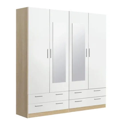 Armario 4 puertas con espejo y 4 cajones cambrian blanco bicolor 220x202x51 cm con 2 lunas y tiradores de aluminio