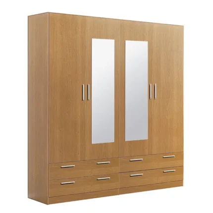 Armario 4 puertas con espejo y 4 cajones color cerezo 220x202x51 cm con 2 lunas y barra interior