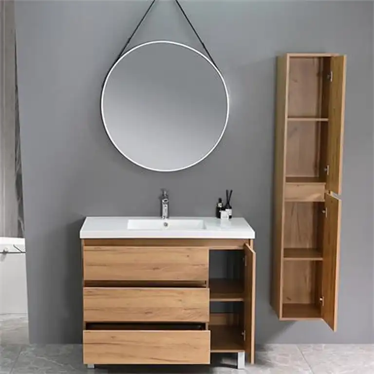 Columna auxiliar de baño 160 cm color haya con estantes interiores, Serie Mabel