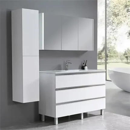 Conjunto de baño completo blanco 120 cm Alma con mueble, espejo armario con iluminación lateral y columna auxiliar