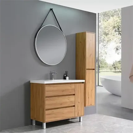Conjunto de baño con patas 100 cm acabado haya en ambiente moderno con espejo redondo y columna auxiliar