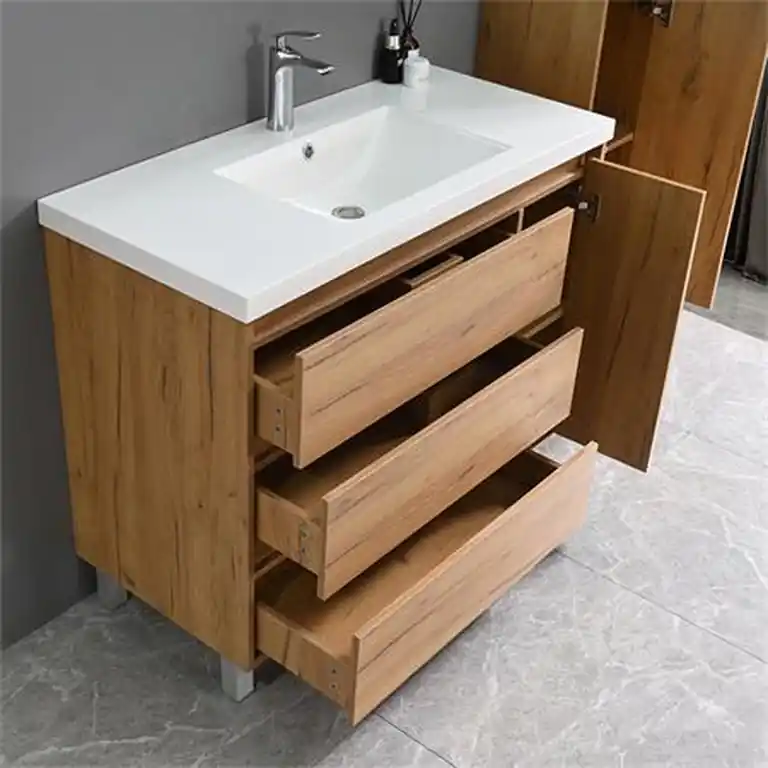 Mueble de baño con patas 100 cm haya con 3 cajones y puerta lateral, interior de almacenaje