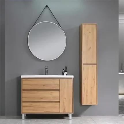 Conjunto de baño con patas 100 cm en haya Serie Mabel con lavabo cerámico, espejo redondo y columna