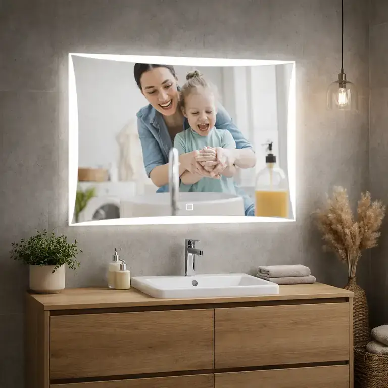 Baño moderno con espejo de baño LED 90x70 serie Logan retroiluminado