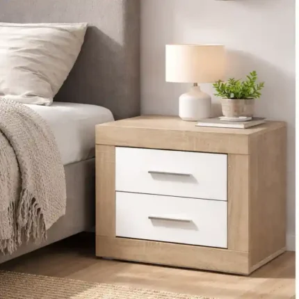 Mesita de noche moderna 2 cajones Loira cambrian blanco en dormitorio moderno